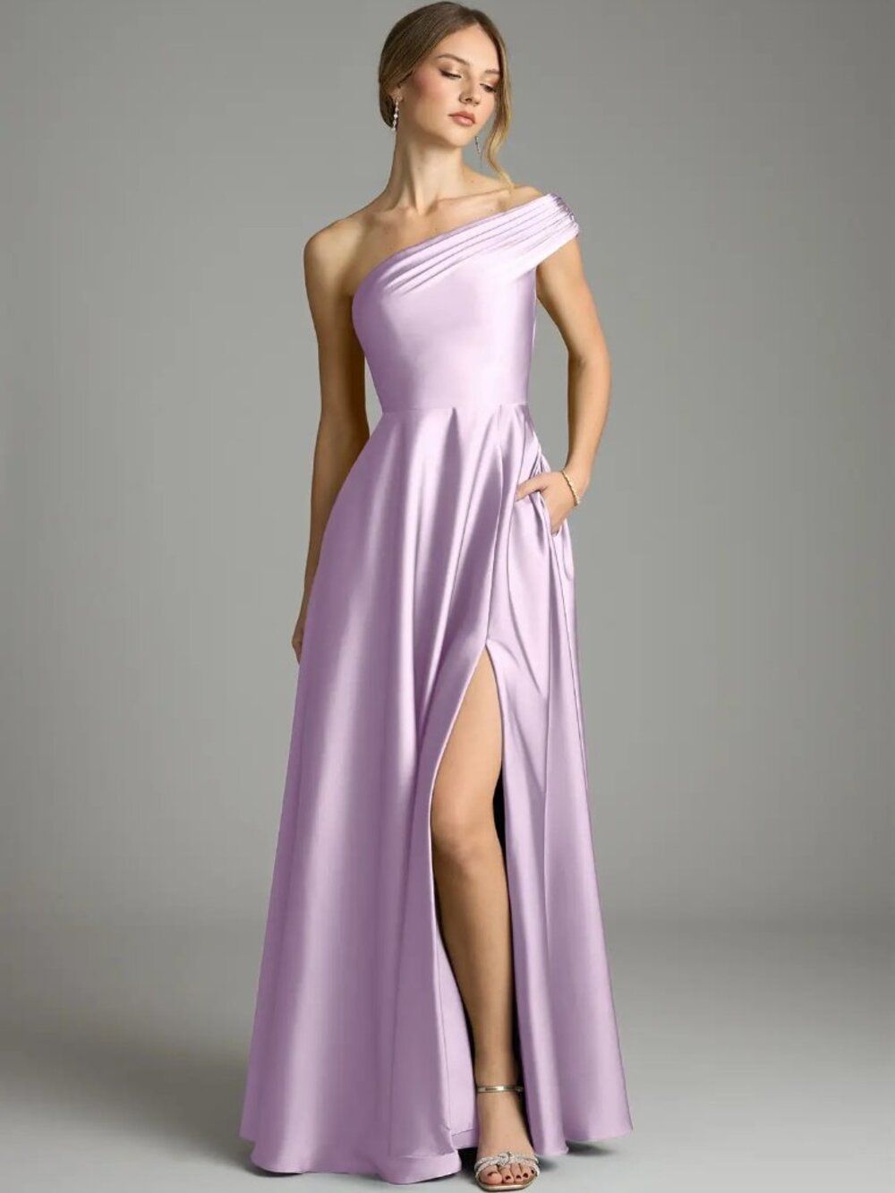 Azazie Melanie in stretch satin, frosted lilac